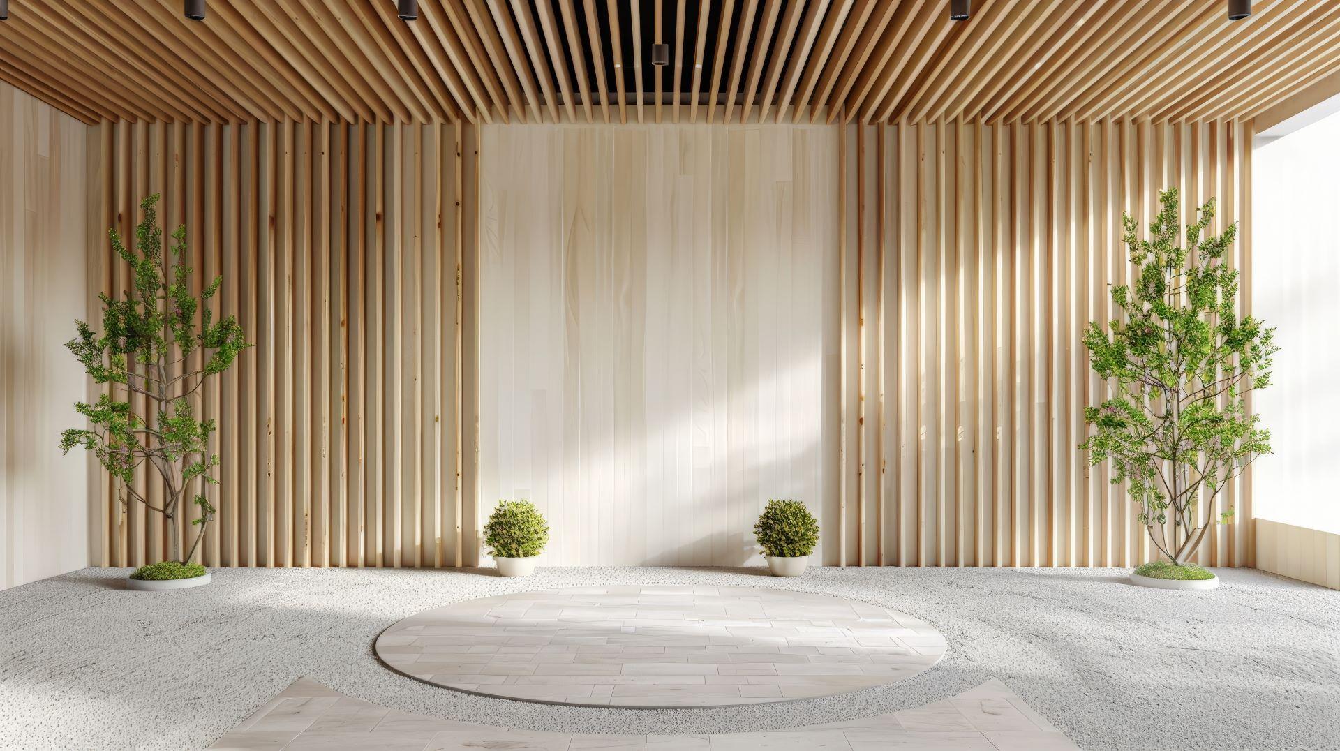 Moderner Raum mit Akustikpaneelen aus Holz und grünen Pflanzen, die eine stilvolle und schallabsorbierende Inneneinrichtung schaffen