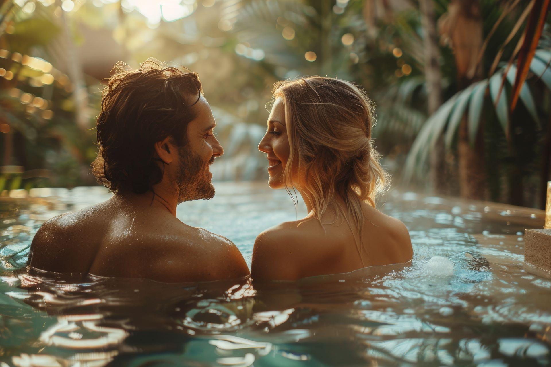 Romantisches Paar genießt Wellness-Urlaub im Spa, umgeben von tropischen Pflanzen