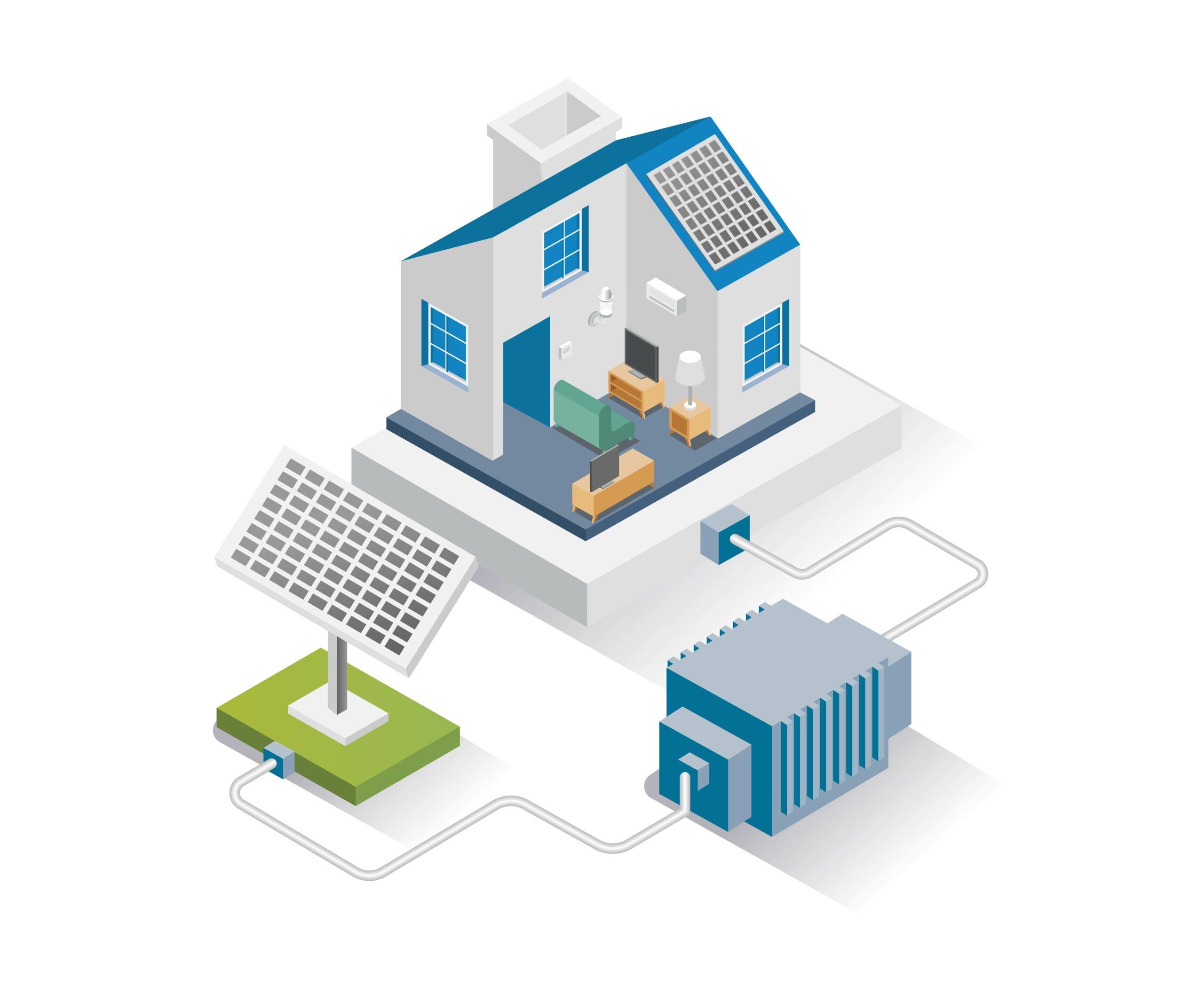 Schematische Darstellung eines Hauses mit Solaranlage, Sunny Boy Storage und Energiespeicherung, das den Energiefluss von Solarstrom zum Haushalt zeigt.